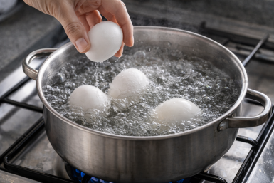 Яйца в кипящей воде на плите Создано при помощи ИИ