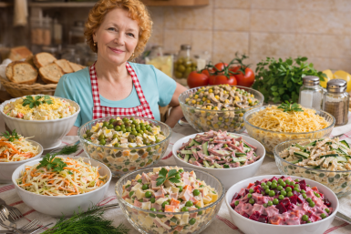 Традиционные советские салаты на столе Создано при помощи ИИ